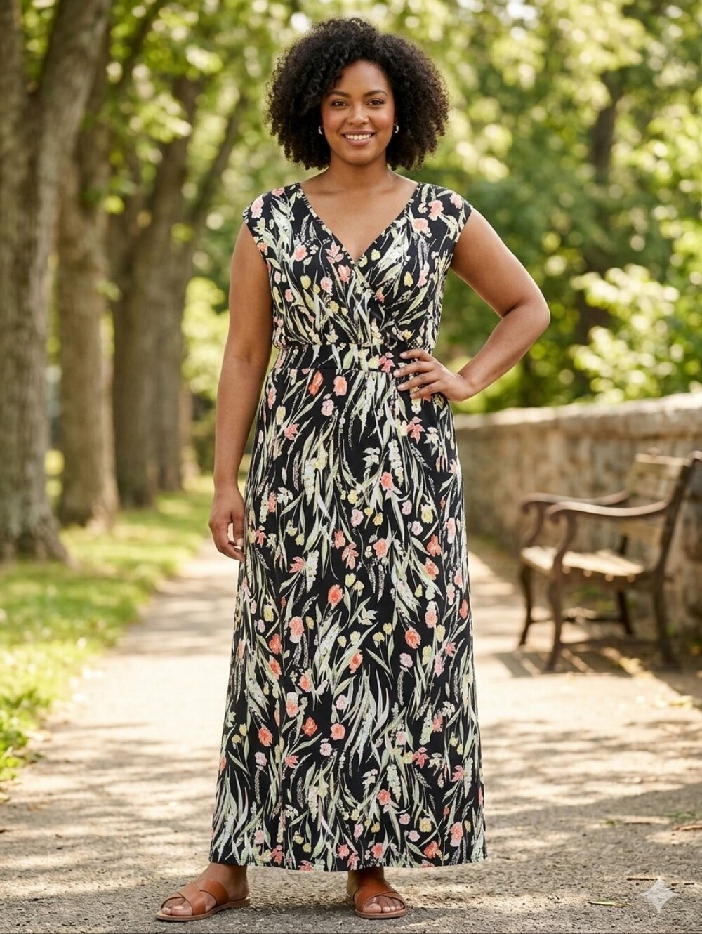 Nina Leonard Floral Faux Wrap Maxi Dress Black Plus Size 2X